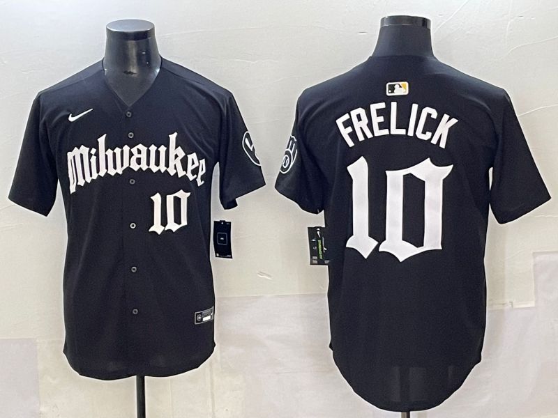 Men 2025 Milwaukee Brewers #10 Frelick Black Five generations Joint Name Nike MLB Jersey style 01->milwaukee brewers->MLB Jersey